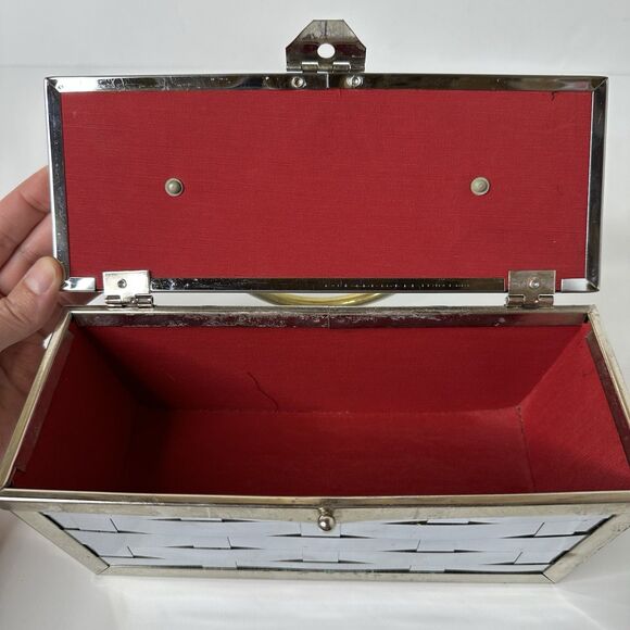 Vintage MCM Box Purse Basket Weave Silver Tone Chrome Metal Handle 50s Handbag - Picture 9 of 16